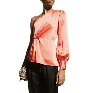 Cinq a Sept Stace One Shoulder Silk Top in Neon Coral Women's Sz L
